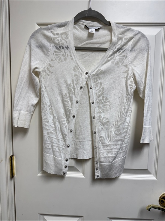 White House Black Market Sweaters - White House Black Market Cream Floral Jacquard Button Cardigan